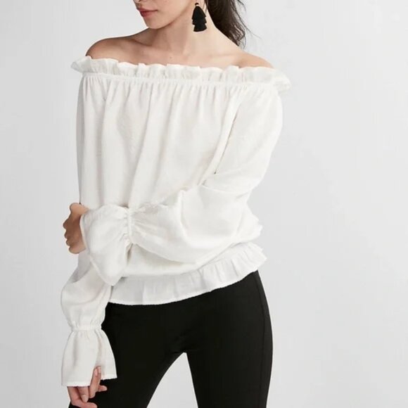 🦋 EXPRESS 🌸 WOMENS OFF SHOULDER RUFFLE LONG SLEEVE GREEN BLOUSE TOP XS - Picture 2 of 7